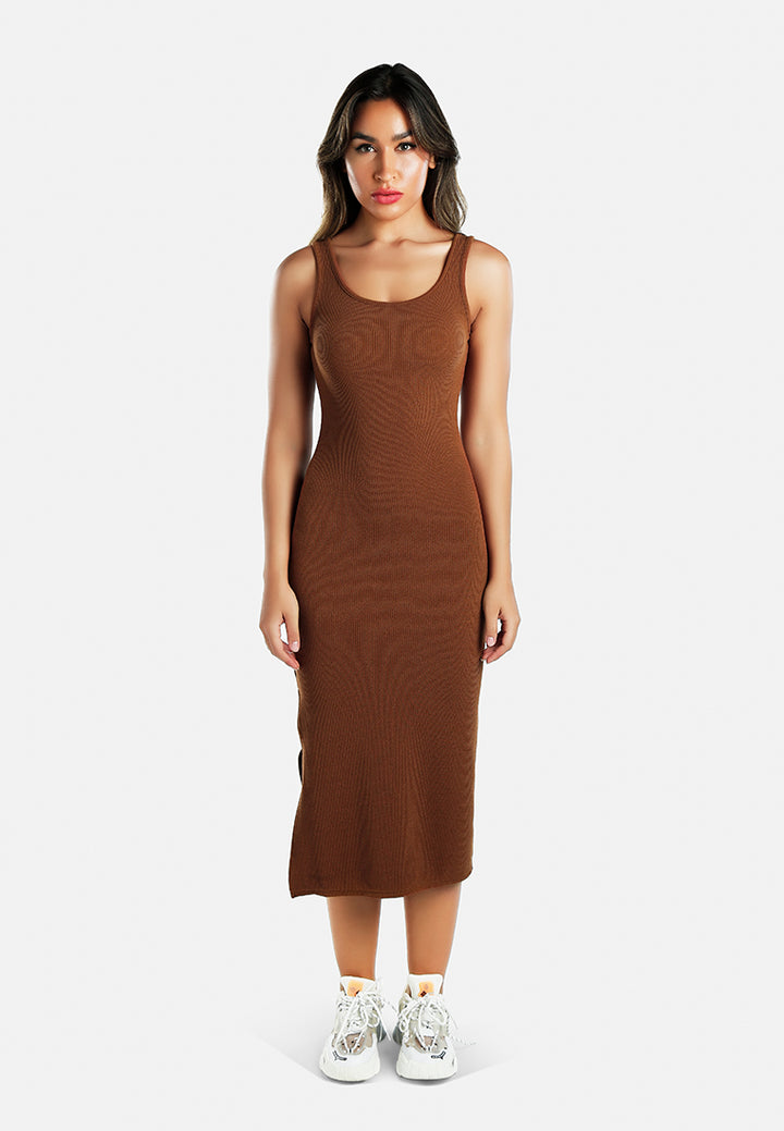 ribbed knit slit tank dress#color_brown