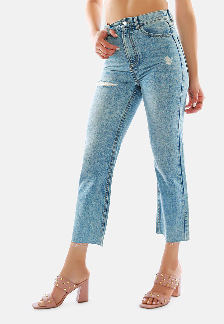 ripped raw hem washed jeans pants#color_mid-blue