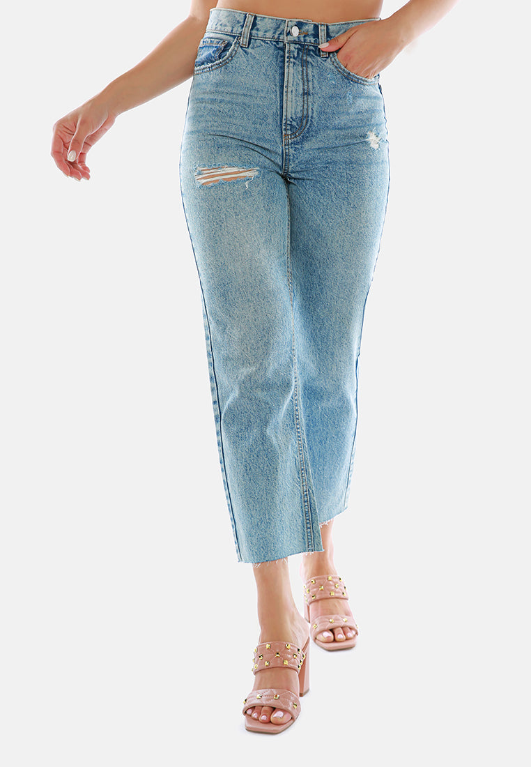 ripped raw hem washed jeans pants#color_mid-blue