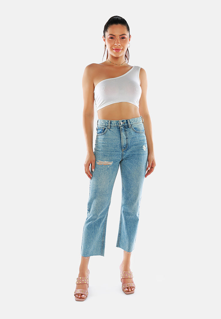 ripped raw hem washed jeans pants#color_mid-blue