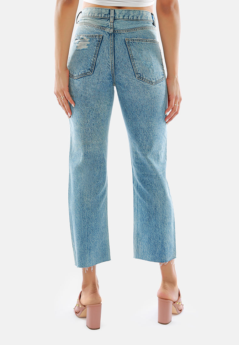 ripped raw hem washed jeans pants#color_mid-blue