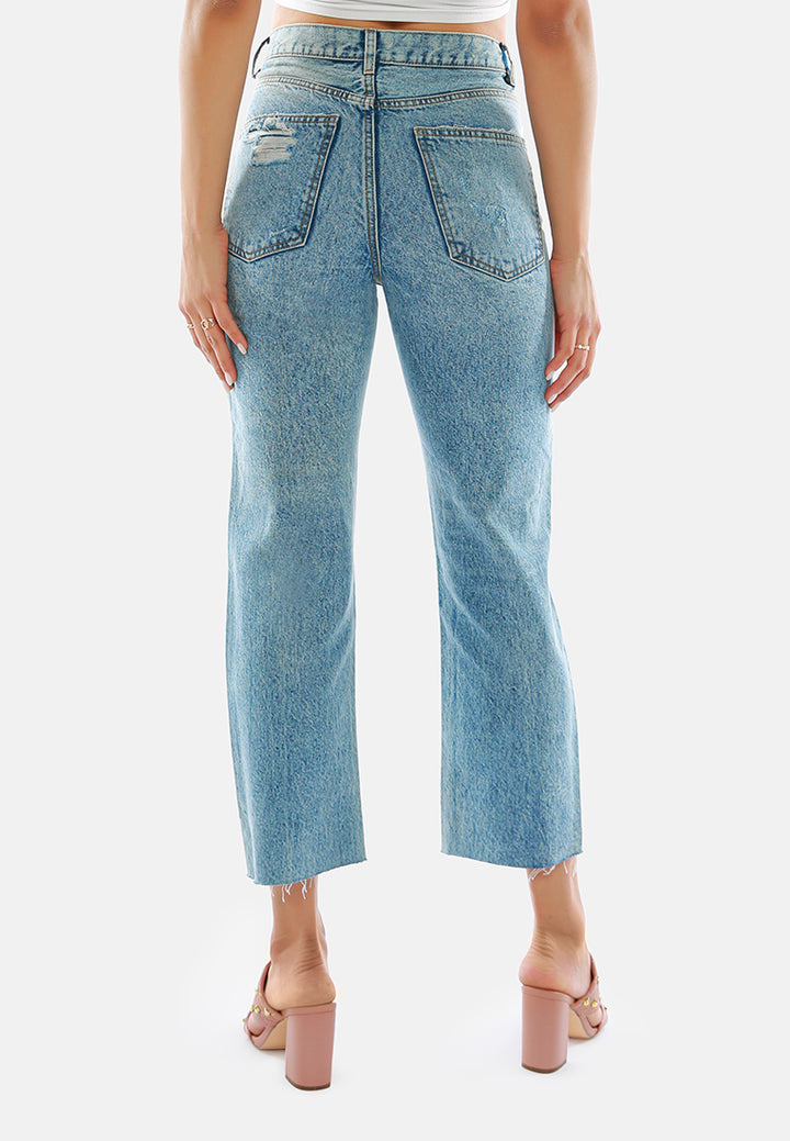 ripped raw hem washed jeans pants#color_mid-blue
