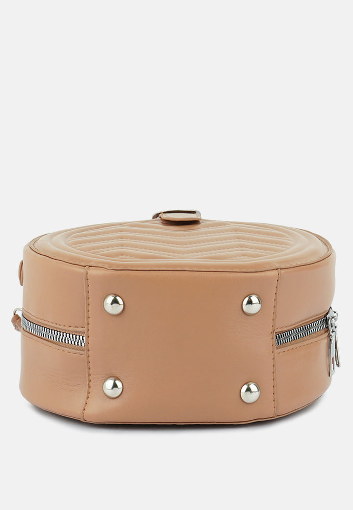 round quilted sling bag#color_tan