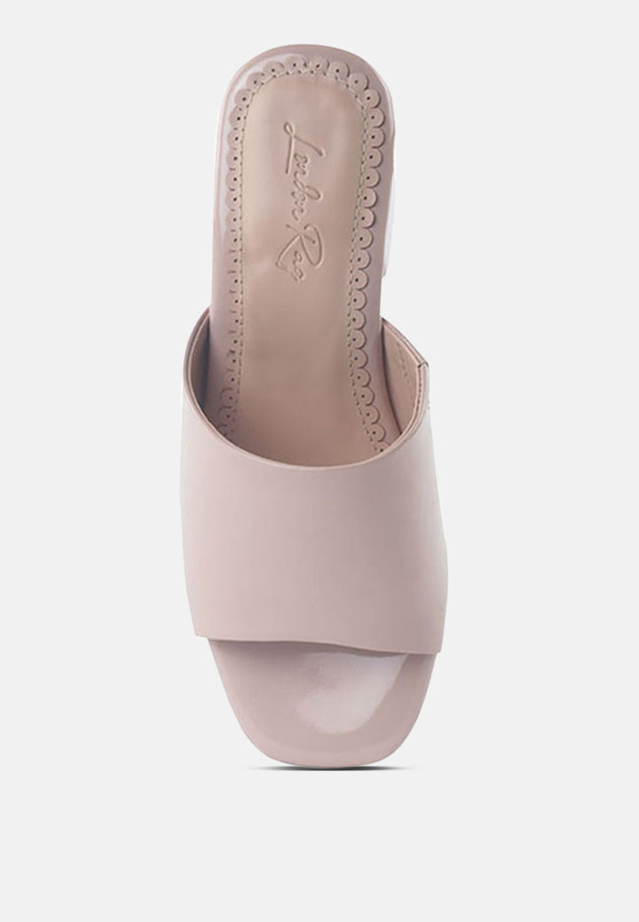 dumpllin patent faux leather slip-on block heel sandals by ruw#color_nude