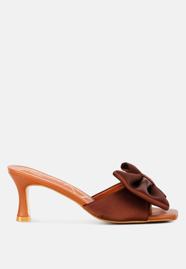 black satin bow kitten heel sandals#color_brown
