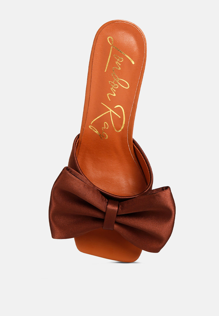 black satin bow kitten heel sandals#color_brown