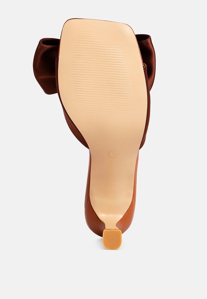 black satin bow kitten heel sandals#color_brown