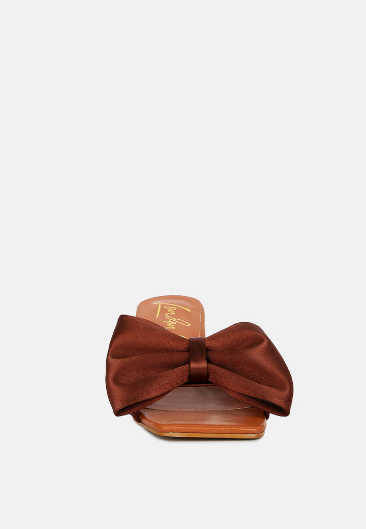 black satin bow kitten heel sandals#color_brown