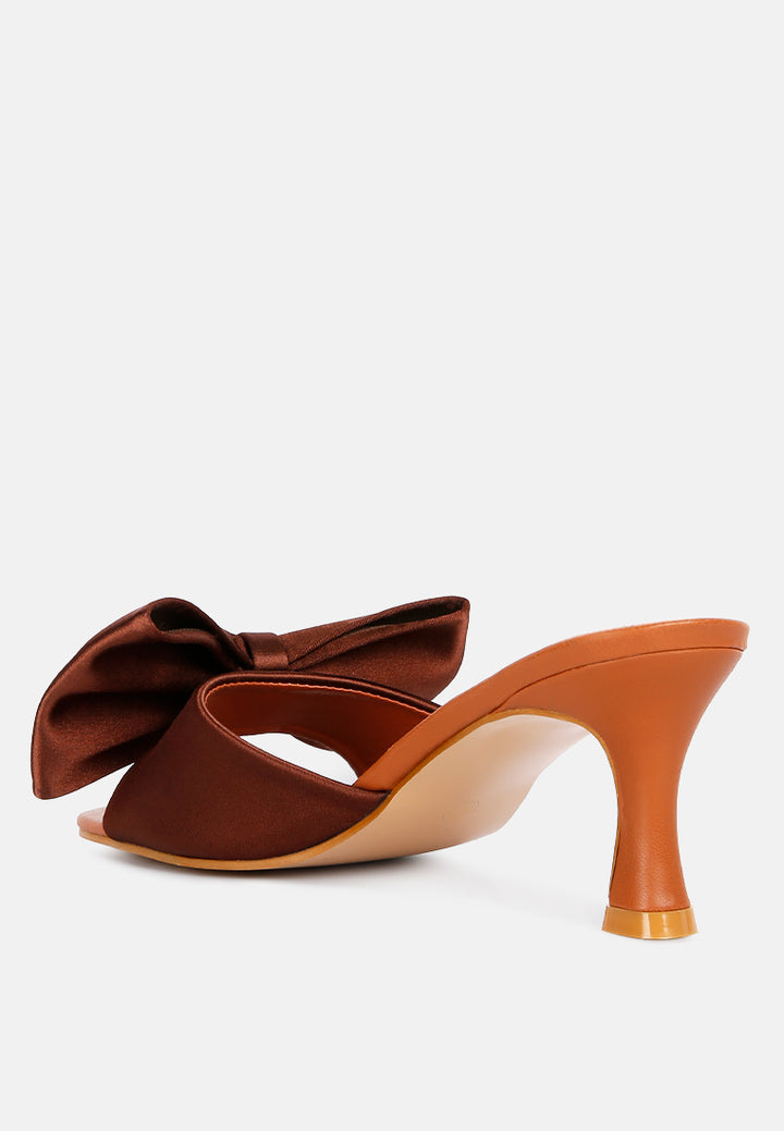 black satin bow kitten heel sandals#color_brown
