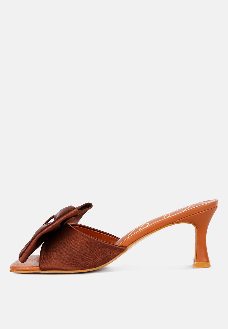 black satin bow kitten heel sandals#color_brown
