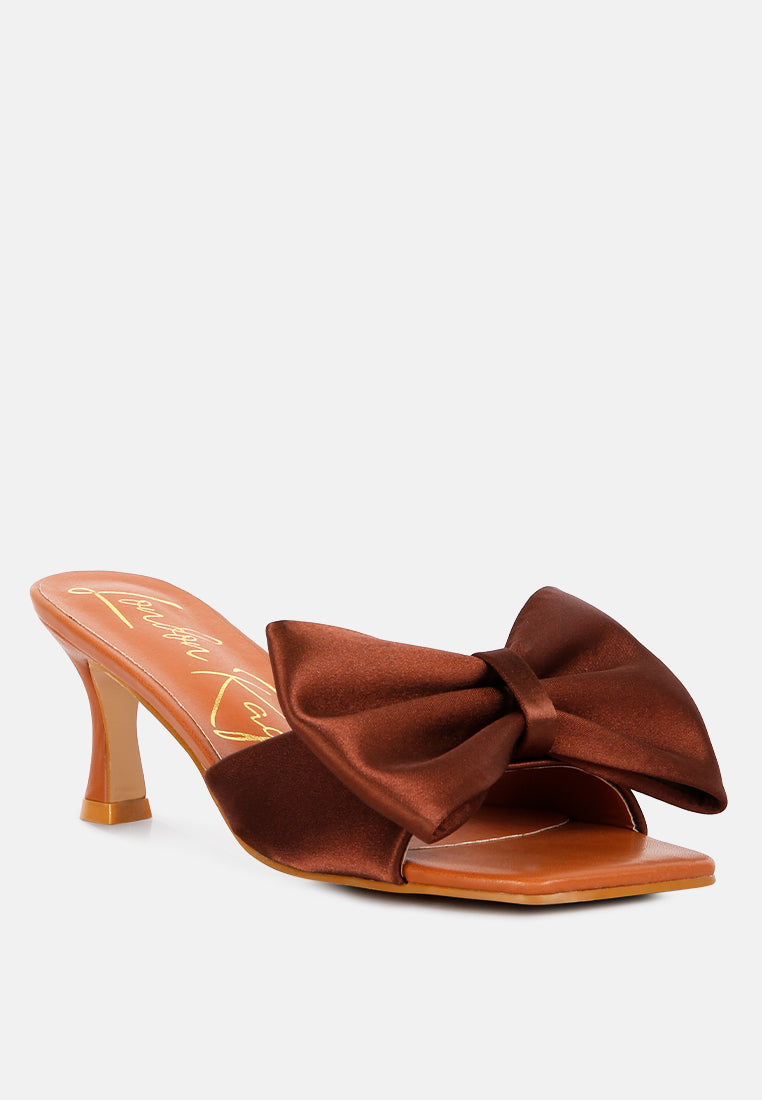 black satin bow kitten heel sandals#color_brown