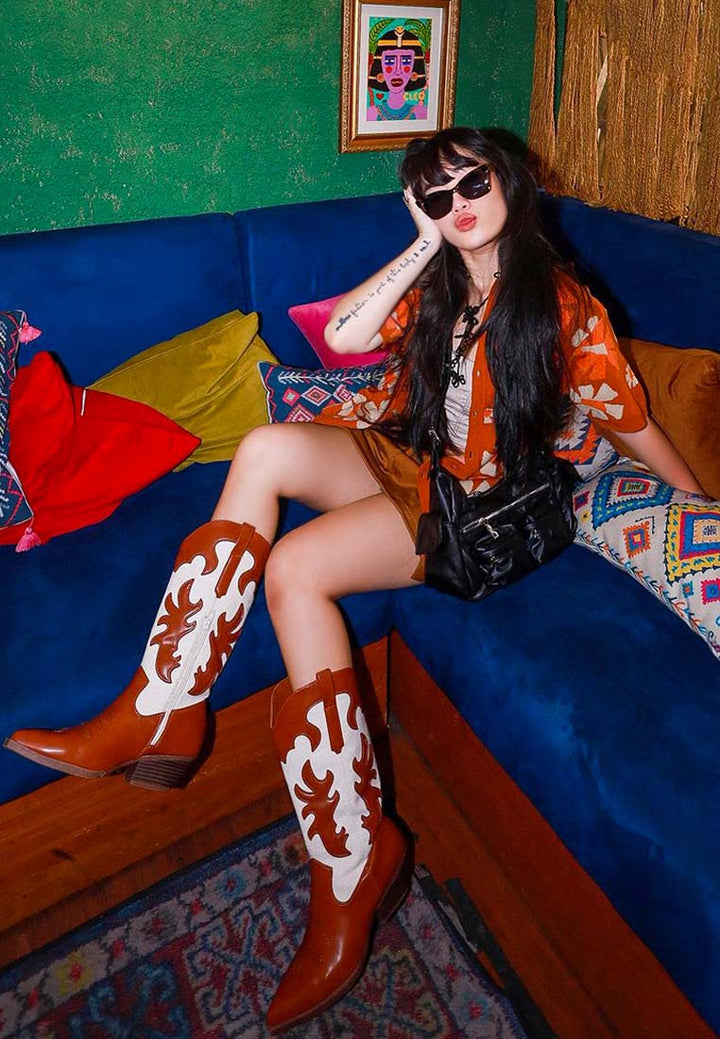 fallon faux leather patchwork cowboy boots#color_tan