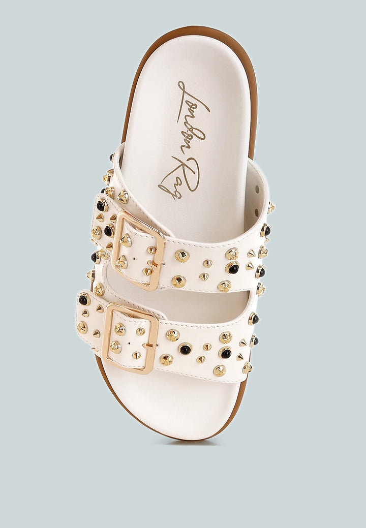 metallic stud embellished sliders by ruw#color_white