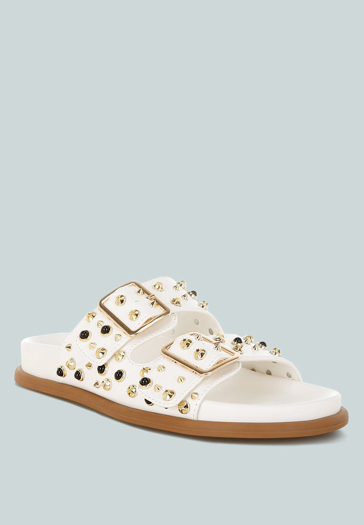 metallic stud embellished sliders by ruw#color_white