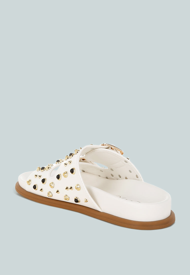 metallic stud embellished sliders by ruw#color_white