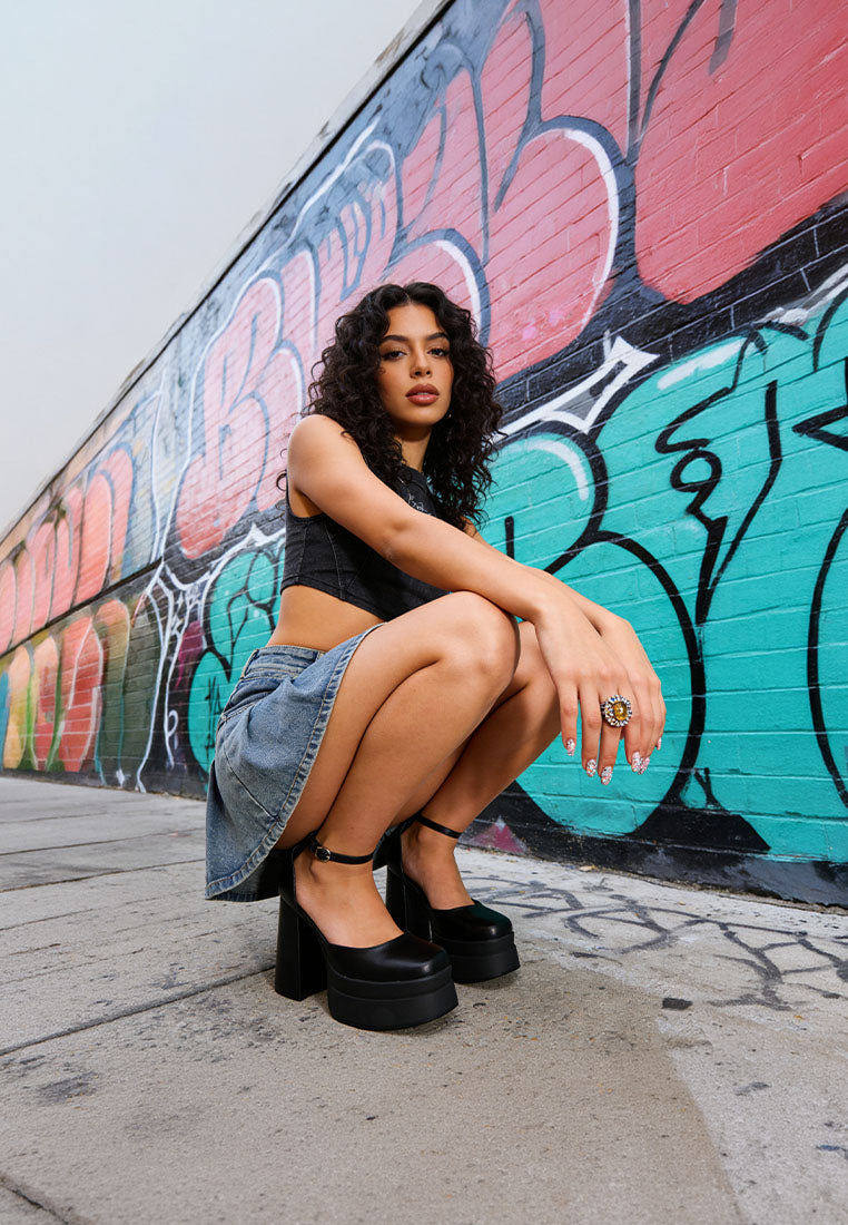 araminta chunky square toe buckled heels#color_black