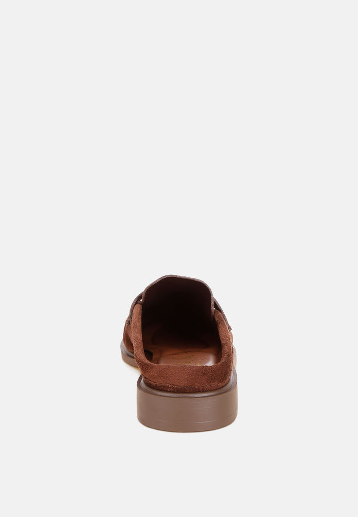 stretch fit pleated flat mules#color#brown-suede