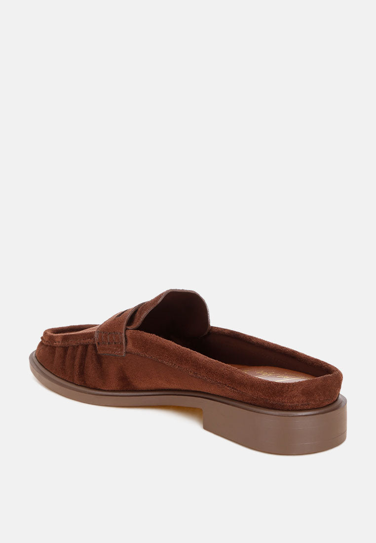 stretch fit pleated flat mules#color#brown-suede