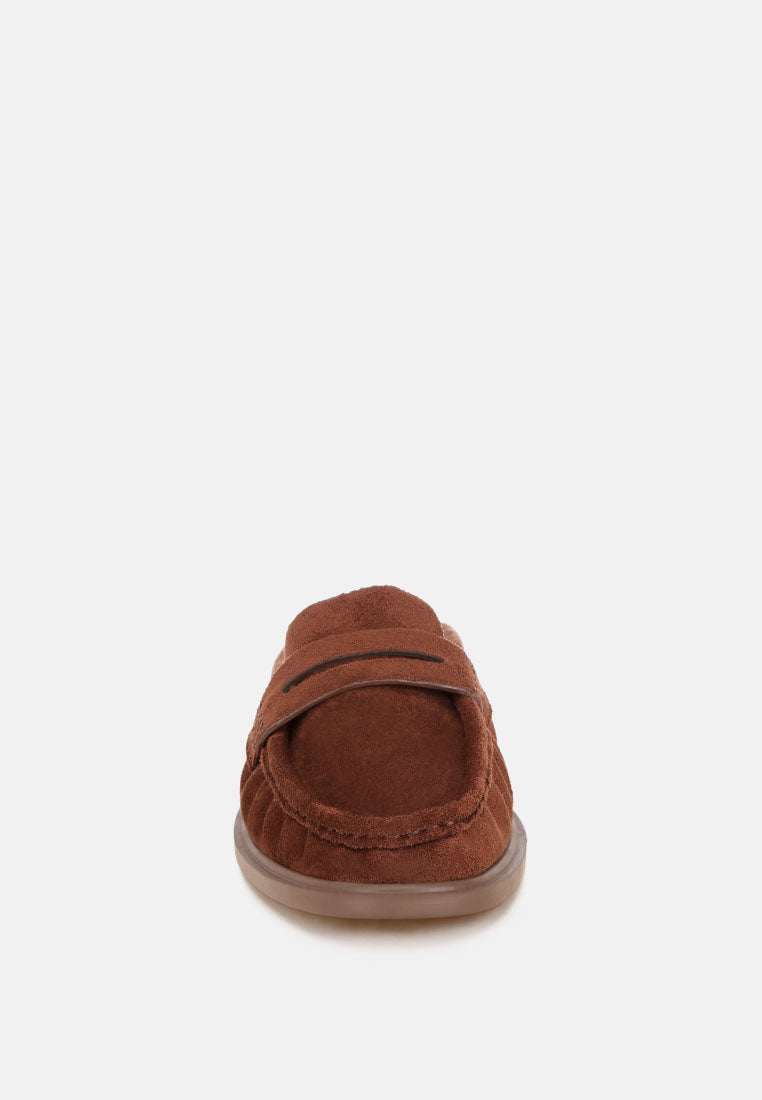 stretch fit pleated flat mules#color#brown-suede