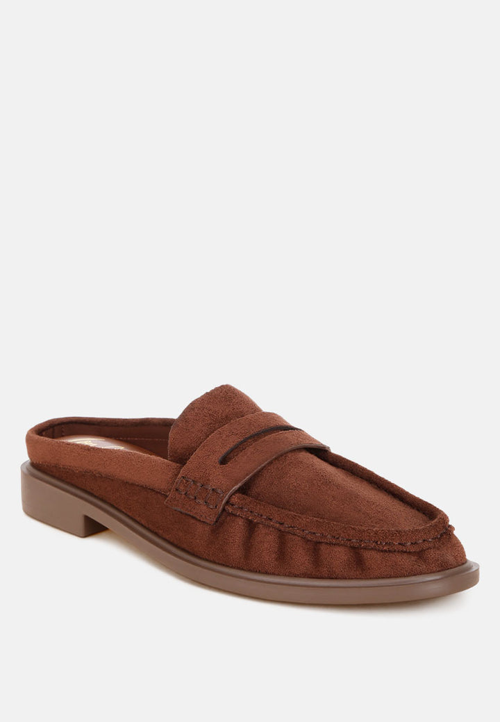 stretch fit pleated flat mules#color#brown-suede