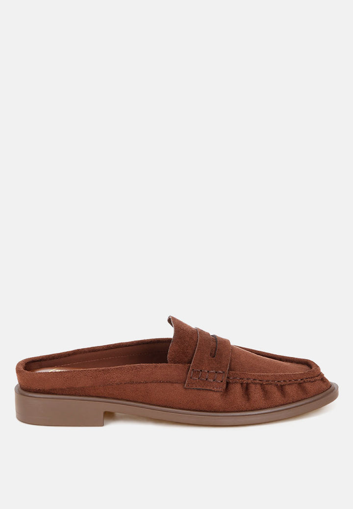 stretch fit pleated flat mules#color#brown-suede