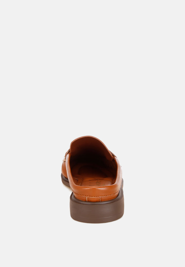 stretch fit pleated flat mules#color_tan-smooth