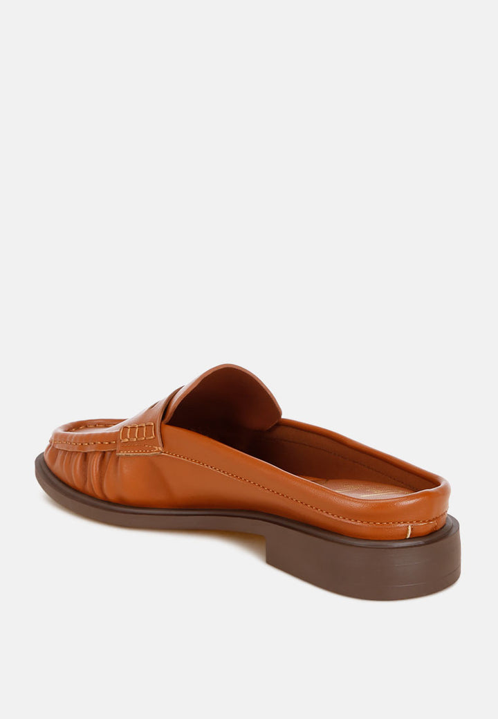 stretch fit pleated flat mules#color_tan-smooth