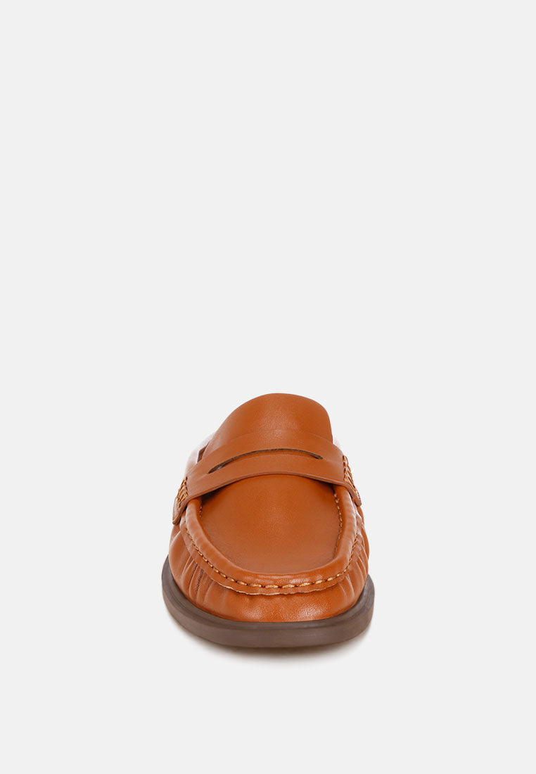 stretch fit pleated flat mules#color_tan-smooth