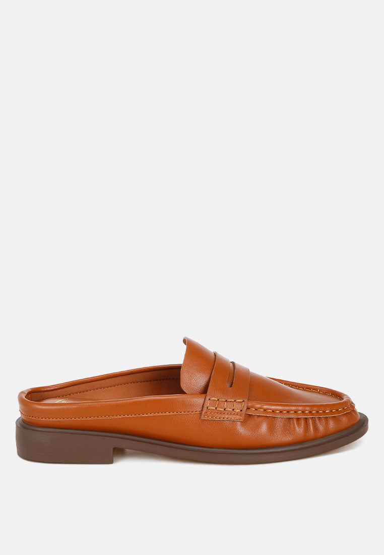 stretch fit pleated flat mules#color_tan-smooth