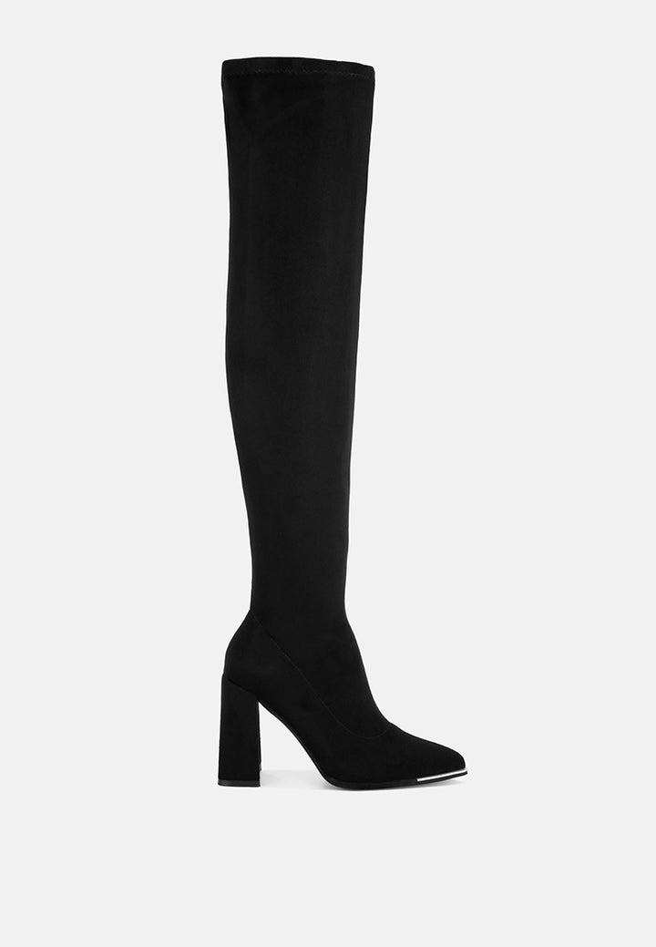 veronica stretchable block heel long boots#color_black-suede