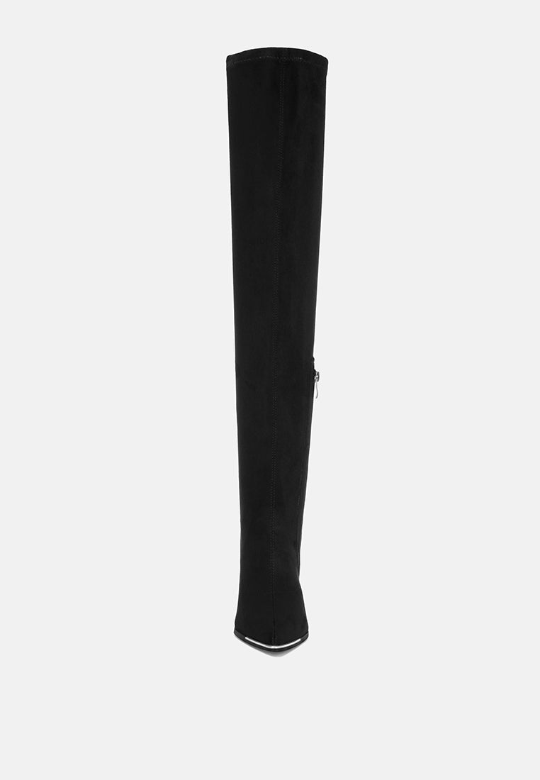 veronica stretchable block heel long boots#color_black-suede