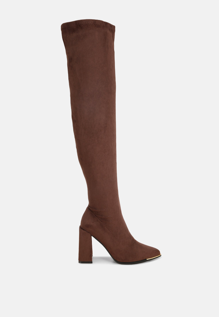 veronica stretchable block heel long boots#color_brown-suede
