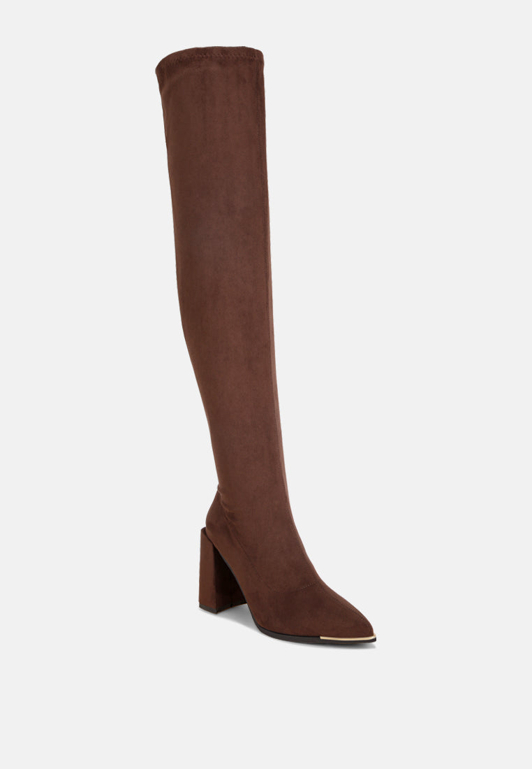 veronica stretchable block heel long boots#color_brown-suede