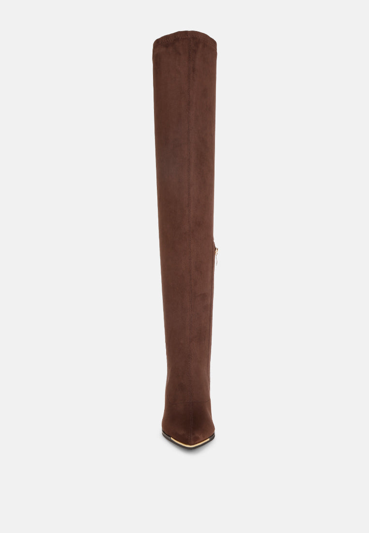 veronica stretchable block heel long boots#color_brown-suede