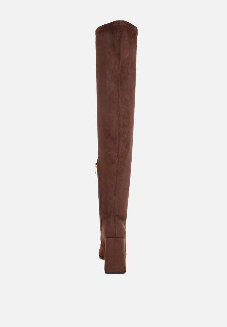 veronica stretchable block heel long boots#color_brown-suede