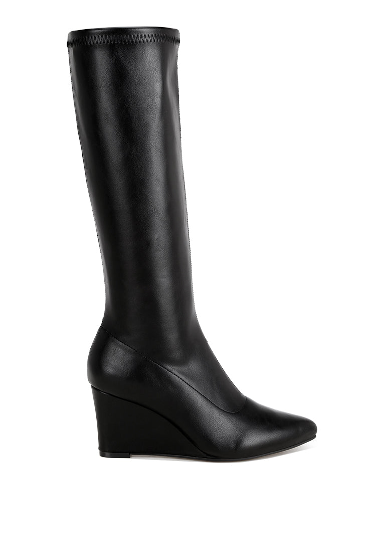 pointed toe stretchable wedge boots#color_black-smooth