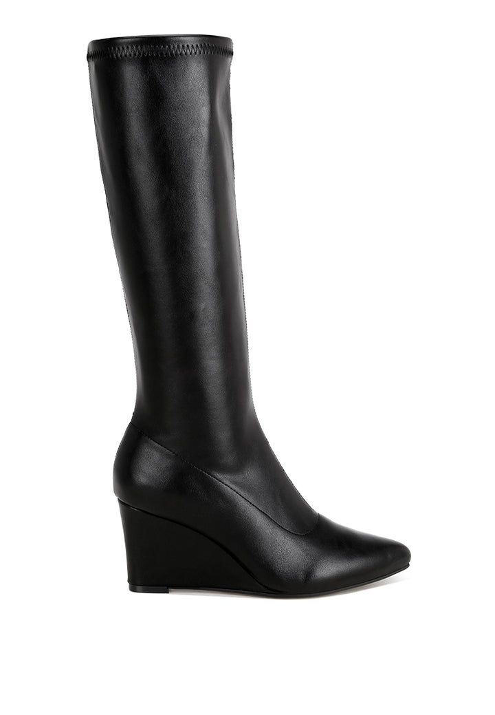 pointed toe stretchable wedge boots#color_black-smooth