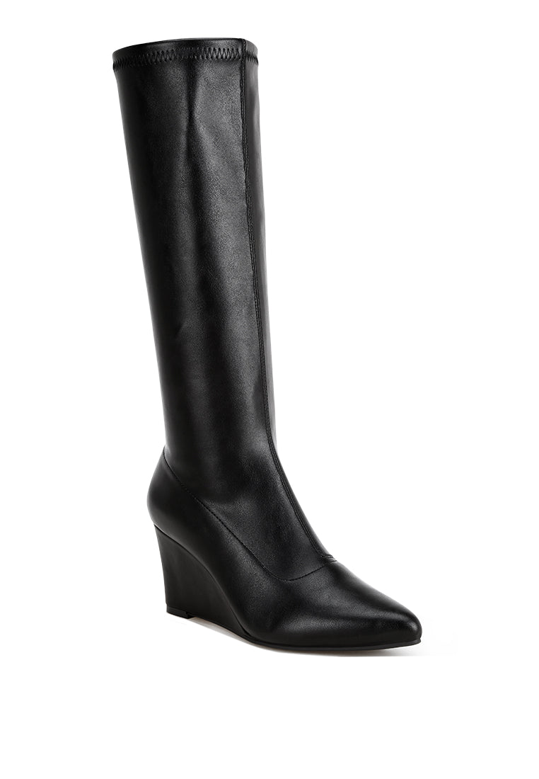 pointed toe stretchable wedge boots#color_black-smooth