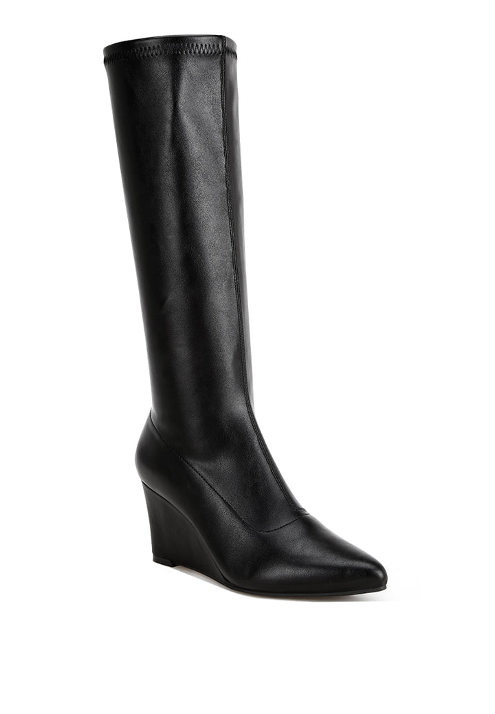pointed toe stretchable wedge boots#color_black-smooth