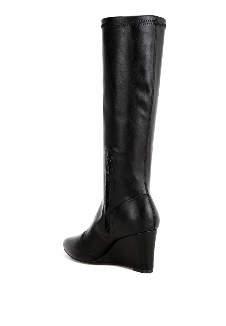 pointed toe stretchable wedge boots#color_black-smooth