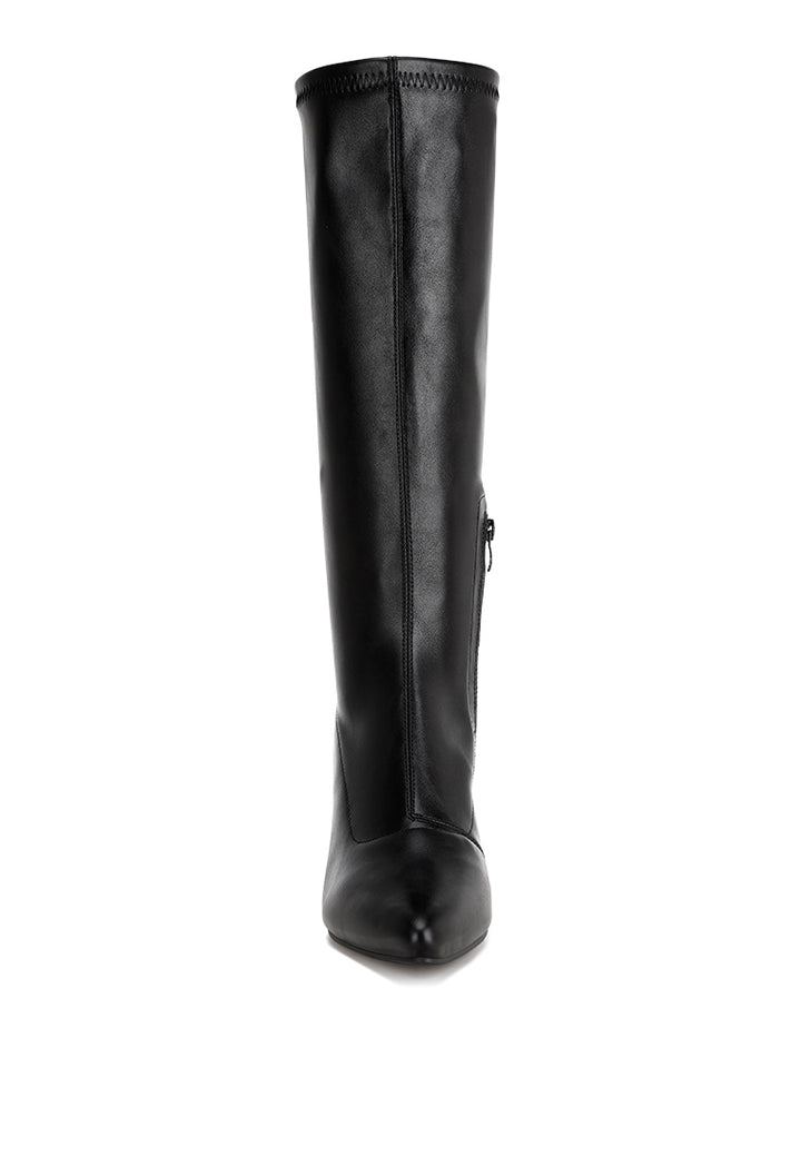 pointed toe stretchable wedge boots#color_black-smooth