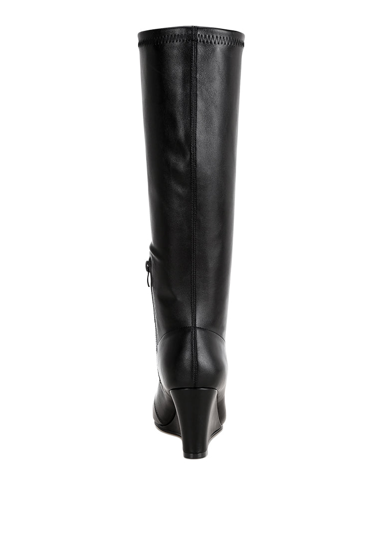 pointed toe stretchable wedge boots#color_black-smooth