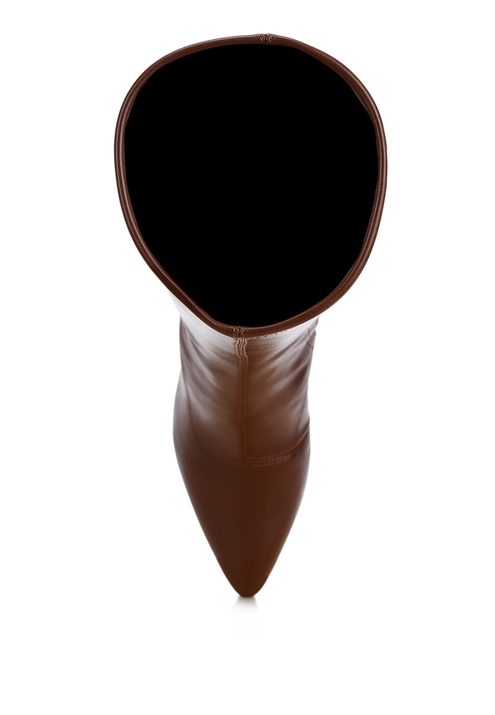 pointed toe stretchable wedge boots#color_brown-smooth