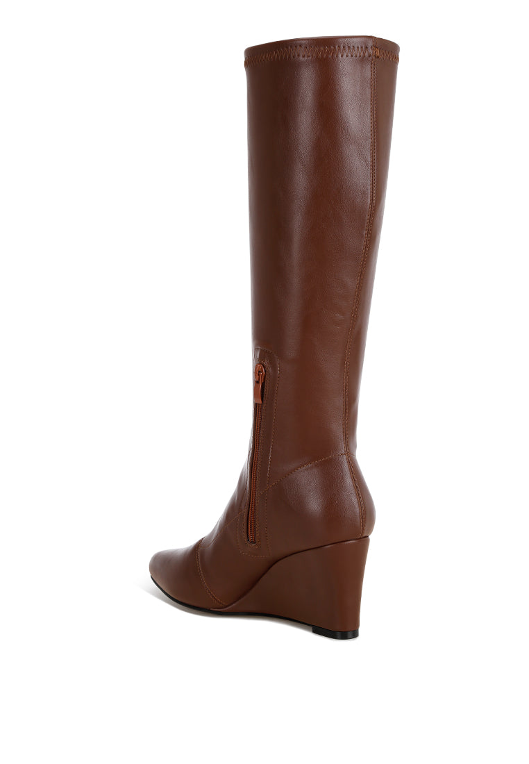 pointed toe stretchable wedge boots#color_brown-smooth