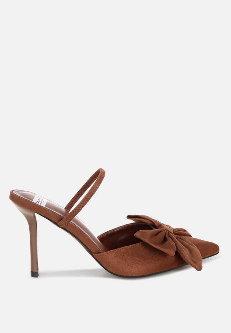 sanlina bow accent stiletto heel sandals#color_brown-suede