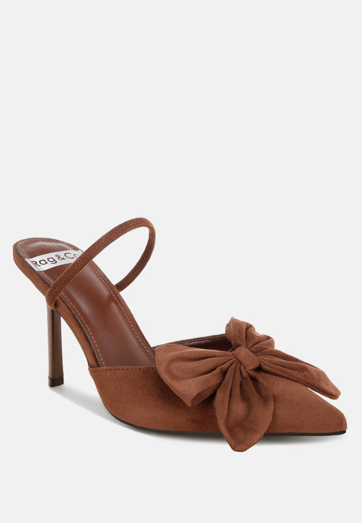 sanlina bow accent stiletto heel sandals#color_brown-suede