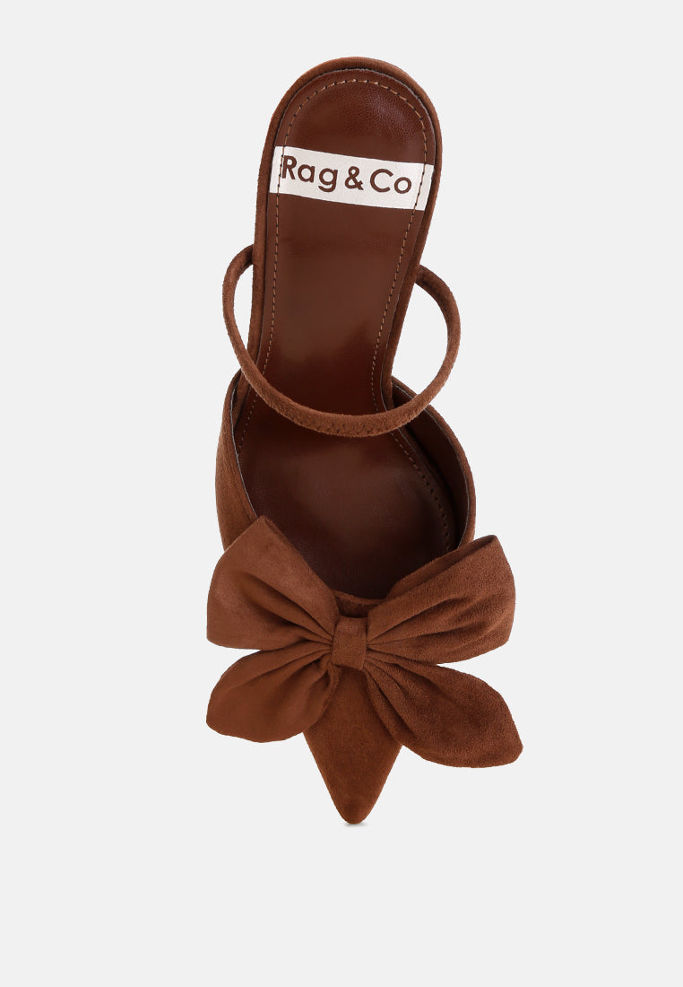 sanlina bow accent stiletto heel sandals#color_brown-suede