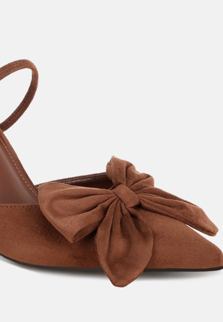 sanlina bow accent stiletto heel sandals#color_brown-suede
