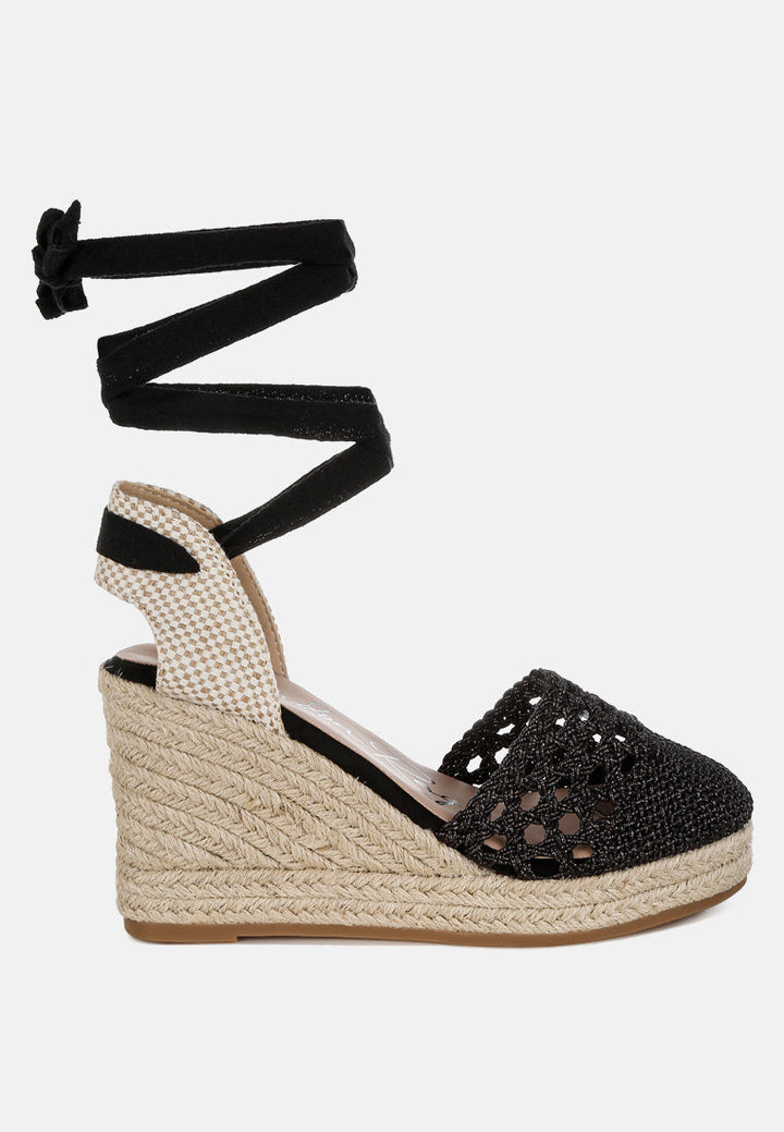 woven lace-up espadrille wedges by ruw#color_black