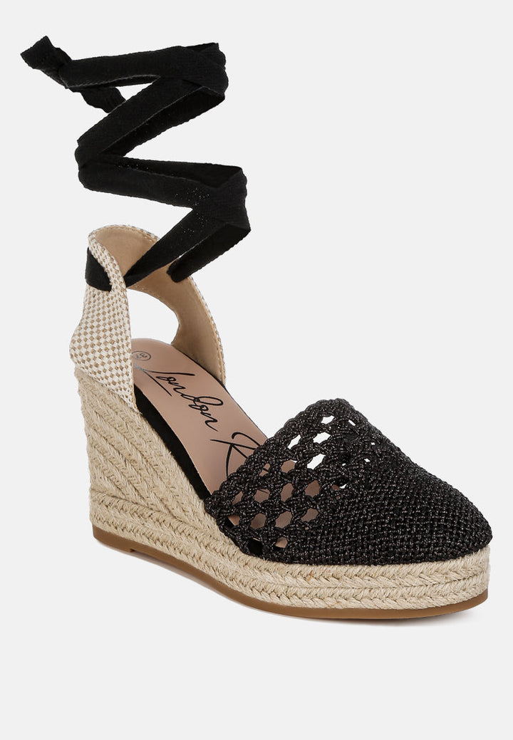 woven lace-up espadrille wedges by ruw#color_black